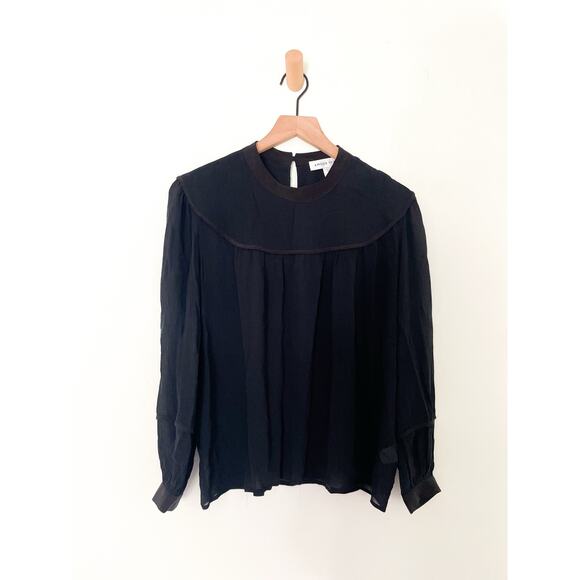 Amour Vert Black Silk Bibbed Peasant Top Small Balloon Long Sleeve Cottagecore - Picture 2 of 8